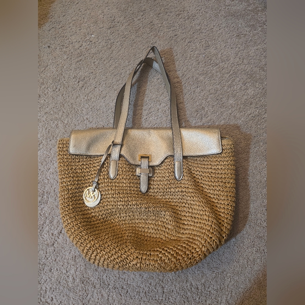 Michael Kors Gold and Tan Woven Tote Bag